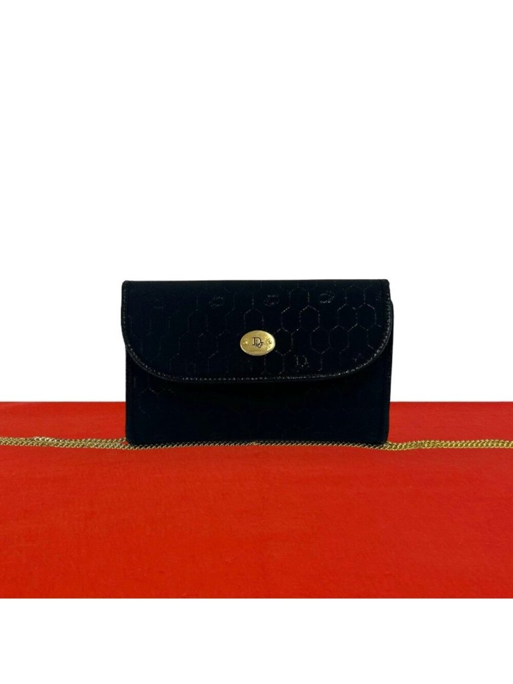 Dior Vintage Logo Honeycomb Pattern Canvas Leather Chain Shoulder Bag Black